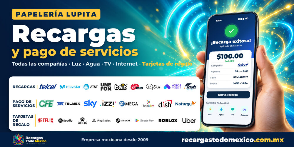 Ejemplo de lona de recargas con el nombre del negocio Papelería Lupita