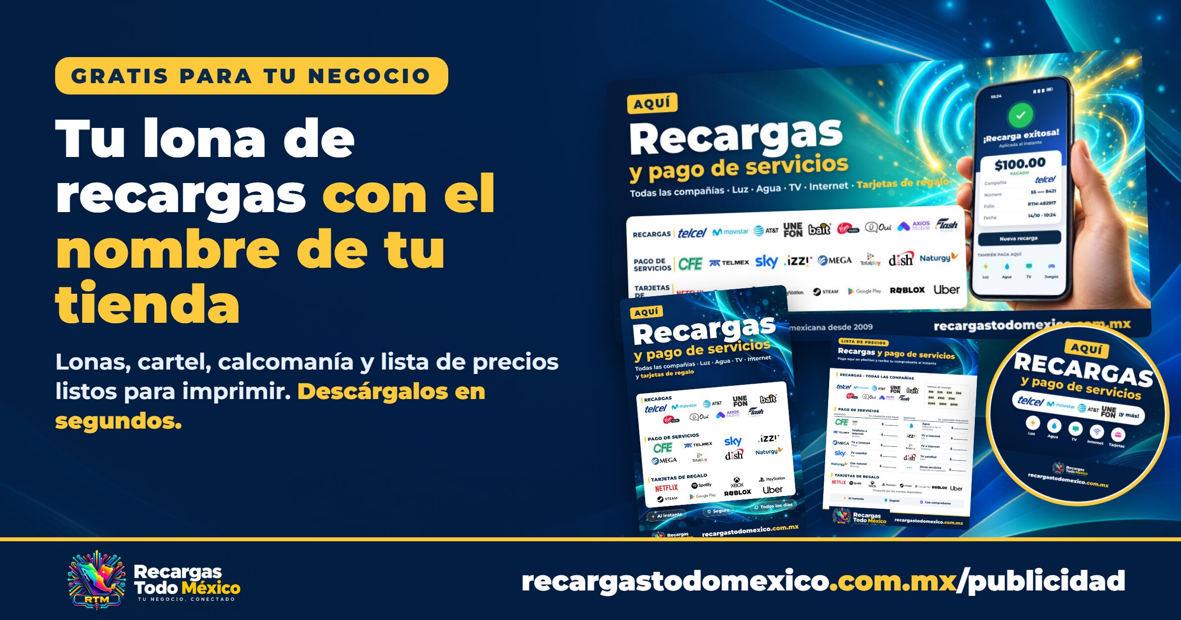 Lona de recargas gratis con el nombre de tu tienda: lonas, cartel, calcomanía y lista de precios de Recargas Todo México
